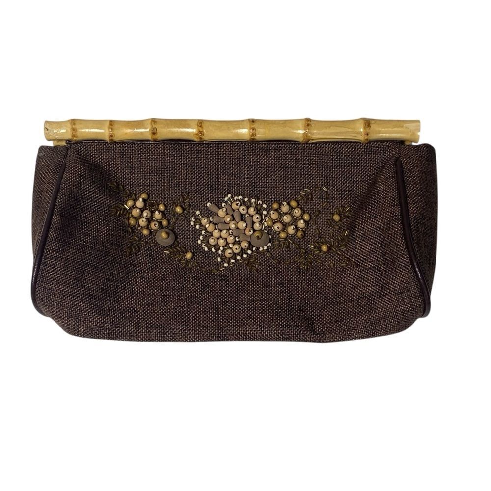 Vintage Boho Brown Canvas Like Clutch W/ Bead And Bamboo Detail
